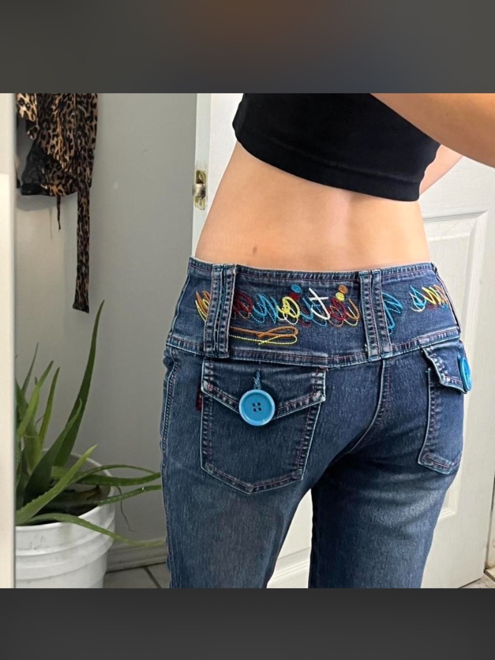 Y2K Embroidered Low-Rise Blue Jeans with Accent Buttons